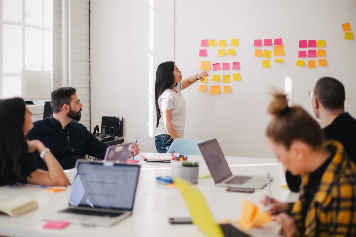 Team around a whiteboard — used for Co-Founder Compatibility and Executive Coaching.