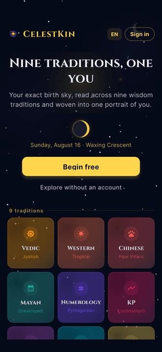 CelestKin welcome screen with a live moon phase and the nine astrology traditions