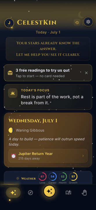 CelestKin Today screen with daily cosmic weather, moon phase and personal timing windows
