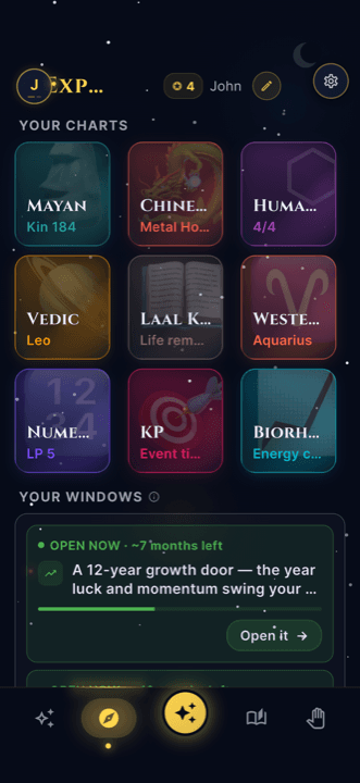CelestKin traditions screen with Vedic, Chinese, Mayan and six more computed charts