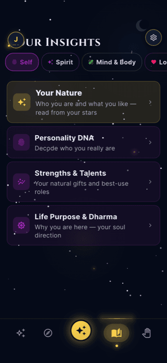 CelestKin insights screen with deep readings for love, career and other life areas