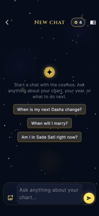 CelestKin Ask the Stars chat screen answering a personal question from the birth chart
