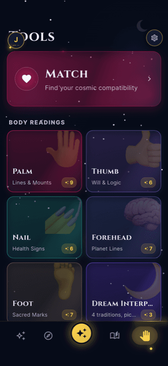 CelestKin quick tools screen with specialist calculators
