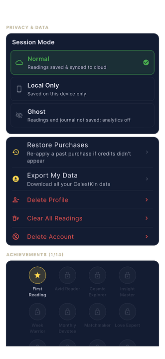 CelestKin's Privacy and Data settings: Session Mode picker with Normal, Local Only and Ghost, plus Export My Data, Delete Profile, Clear All Readings and Delete Account