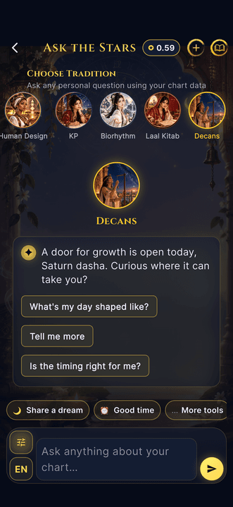 Ask the Stars with the tradition row scrolled to Decans and Decans selected, above an opening line and three suggested questions