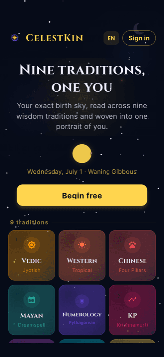 CelestKin welcome screen with a live moon phase and the nine astrology traditions